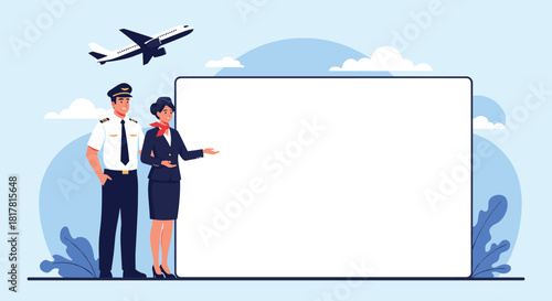 A cartoon illustration featuring an airline pilot and flight attendant standing next to a blank white board with an airplane in the background.
