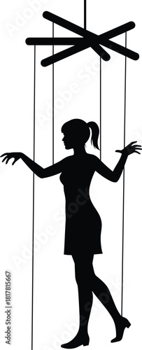 Female marionette silhouette, puppet control concept, symbolic manipulation, psychological art, black figure illustration, autonomy theme, dramatic pose, artistic metaphor
