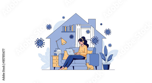 A woman works remotely from home, using her laptop computer while sitting on the couch, surrounded by floating coronaviruses.