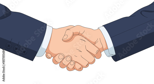 Two business people in suits are shaking hands in a cartoon-like manner symbolizing agreement and cooperation in a deal.