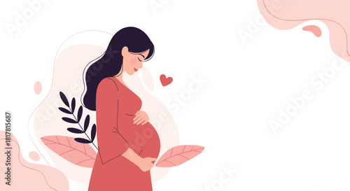Illustration of a pregnant woman in a red dress cradling her belly with a heart and botanical design elements.