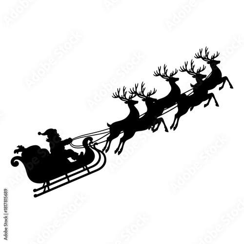 Silhouette of santa claus riding in a sleigh pulled by reindeer against a white background in the sky
