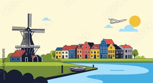 Charming Dutch Village Scene: Windmill, Colorful Houses, and Airplane Illustration for Travel and Tourism Promotion, Minimalist Style.