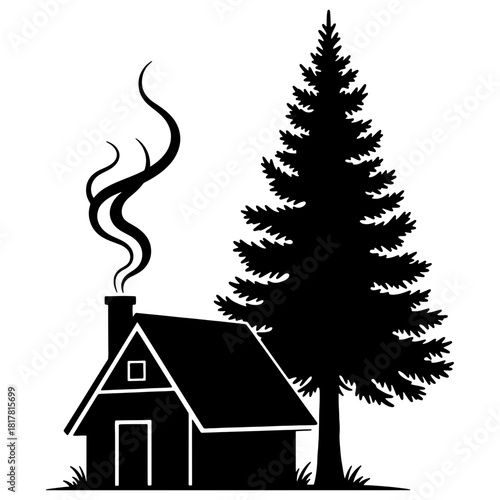 Silhouette of a cabin with smoke coming from the chimney next to a tall evergreen tree in black and white