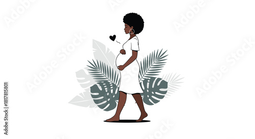 Beautiful pregnant African-American woman walking surrounded by tropical leaves, a symbol of motherhood and nature's embrace.