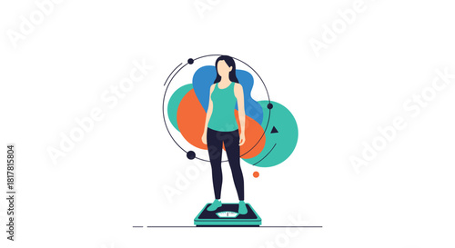 Weight management illustration features a woman standing on a scale, surrounded by abstract shapes, conveying health and wellness.