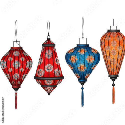 Colorful traditional asian lanterns for festive cultural decor isolated on transparent background