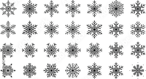Set of linear snowflake icons, winter holiday decoration elements, black snow crystal symbols, cold season frost patterns, isolated flat vector illustration