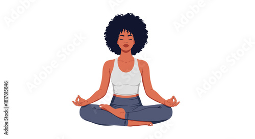 Beautiful African American woman in yoga pose, with eyes closed and serene expression, meditating for relaxation and stress relief.