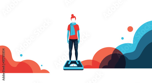 Woman in a red shirt and blue scarf stands on a scale against a white background with stylized red and blue shapes on either side.