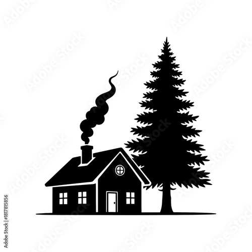 Silhouette of a house with smoke coming from the chimney and a tall evergreen tree beside it