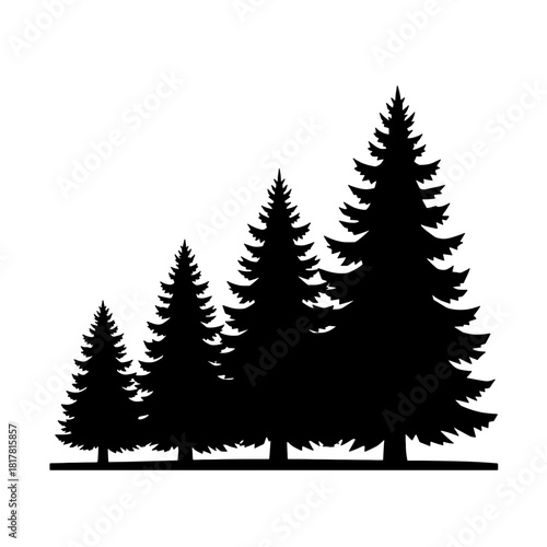 Silhouette depiction of four evergreen trees of varying sizes arranged in a linear composition