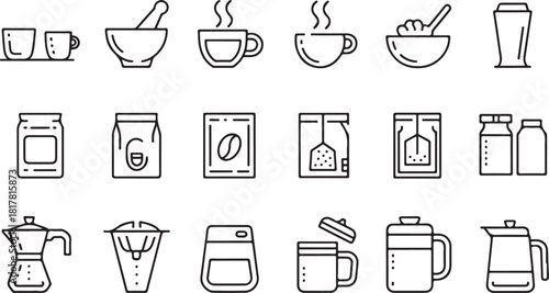Coffee icon set. Contain icons related to coffee, mug, coffee Contain icons related to Coffee, tea, drinks, beverage, equipment, and more. Editable stroke. Vector illustration.