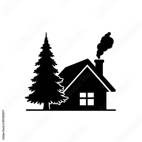 Silhouette of a house with smoke coming from the chimney and a tall evergreen tree beside it in black color