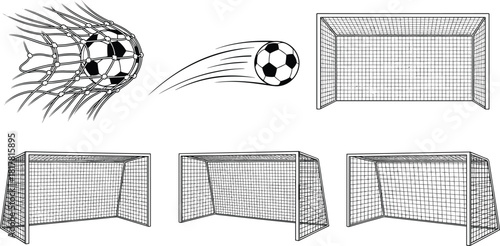 Set of soccer goal posts and balls, football flying into net, sports equipment sketch, black and white outline, flat vector illustration