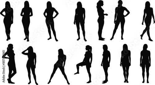 Female standing poses silhouettes, fashion design vector illustration, human posture artwork, black and white figures, ergonomic study reference, artistic body stance collection