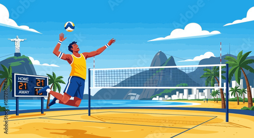 Beach volleyball game in Rio de Janeiro with scenic backdrop and sportsmanship