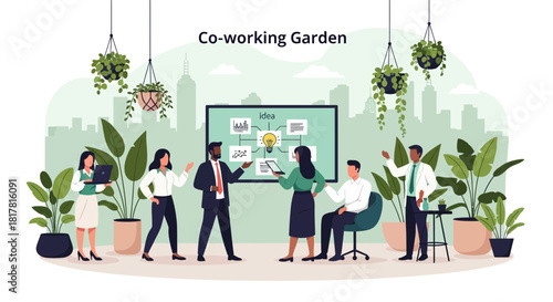 Modern co-working space with lush indoor garden for collaboration and innovation
