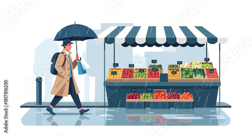 Stylized illustration of a man walking past a market stall in the rain