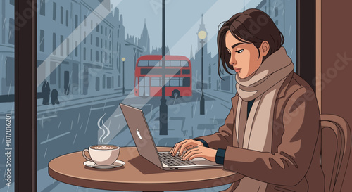 Cozy cafe in London: Woman working on laptop with a view of rainy city