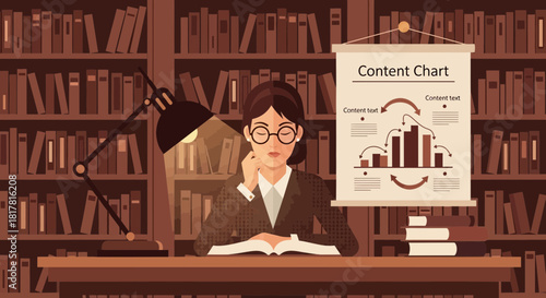 Studious woman examining content chart in a library setting with books
