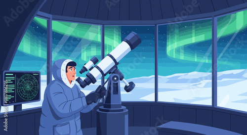 Observer in a Dome Gazing at the Aurora Borealis Through a Powerful Telescope