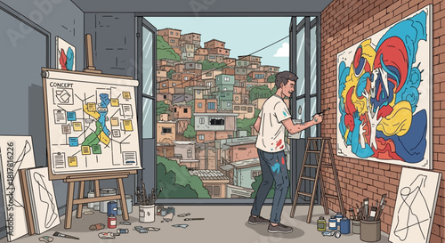 Artist in his colorful studio painting with a favela view from the window