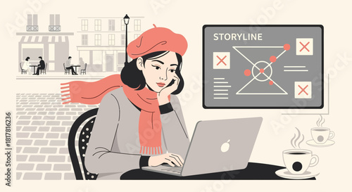 Creative writer in parisian cafe refining storyline on laptop with city ambiance