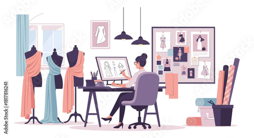 Fashion designer working in her studio creating a new dress collection