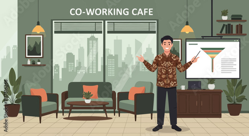 Presentation in a stylish coworking space showcasing marketing conversion funnel