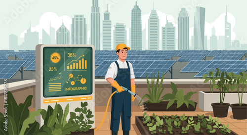 Sustainable urban farming on rooftop with solar panels provides clean energy