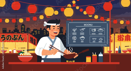 Animated chef prepares asian cuisine at a vibrant food stall with lanterns