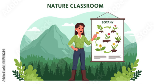 Illustrative botany lesson outdoors with plants life cycle diagram and teacher