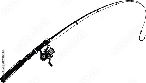 Fishing rod silhouette vector illustration with reel and hook, angling gear design element, outdoor sport equipment graphic concept for stock content