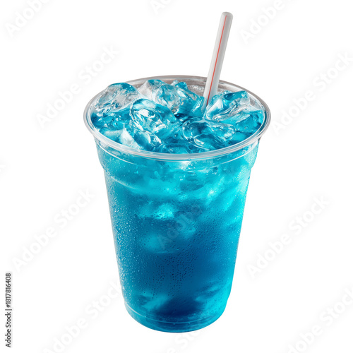 A refreshing blue cold drink with ice and a white straw in a clear plastic cup, presented as an isolated white or transparent background
