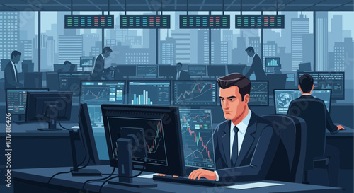 Financial analysts immersed in data analysis and market trend tracking in a office