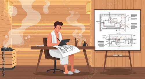 Architect in a sauna working on a technical drawing in his unique office space