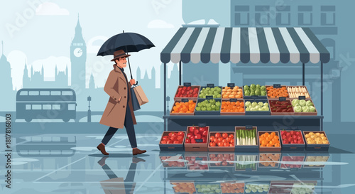 London rainy day fruit market shopping with iconic building and reflection
