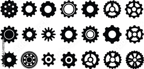 Gear icons collection, mechanical silhouettes, industrial cogwheels, engineering design elements, machinery symbols, automation tools, vector illustration set for technical graphics