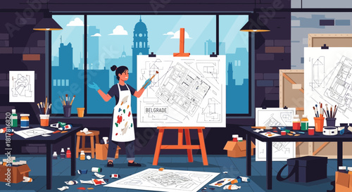 Creative artist in a sunlit studio crafting architectural plans of Belgrade city