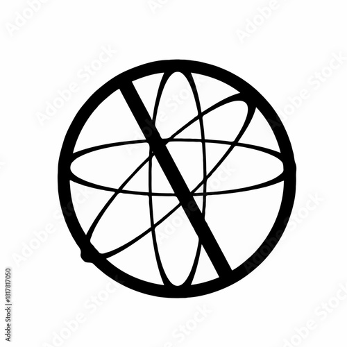 Illustration of a black and white atom symbol with orbiting lines and a diagonal line through it