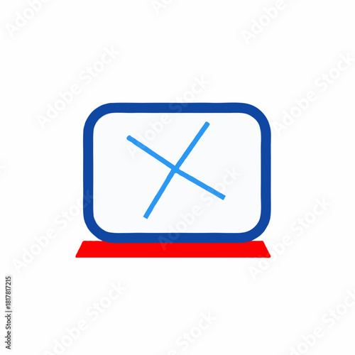 Illustration of a blue bordered screen with a blue x on a white background above a red base