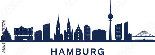 Hamburg skyline silhouette, German city landmarks, churches with spires, modern buildings, bridge structure, urban architecture, vector illustration of cultural identity