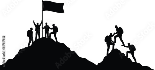  Mountain climbers silhouette vector illustration, teamwork and achievement concept, group reaching summit with flag, helping each other climb, success, perseverance, adventure design