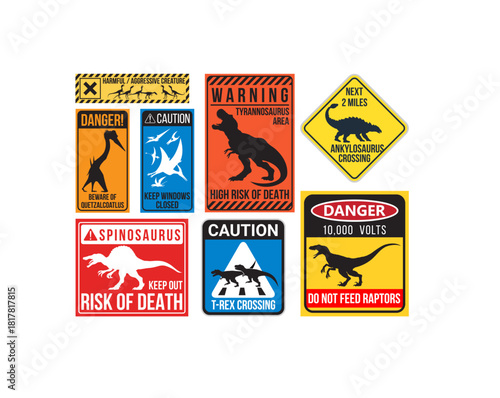 Dinosaur Warning sign Stickers Pack, vector illustration