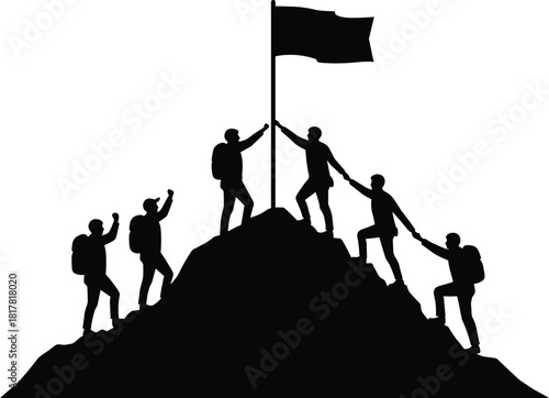  Mountain climbers silhouette vector illustration, teamwork and achievement concept, group reaching summit with flag, helping each other climb, success, perseverance, adventure design