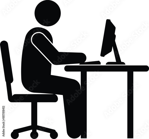  Office worker silhouette at desk vector, person using computer in workplace, digital productivity concept, remote work illustration for business, technology design