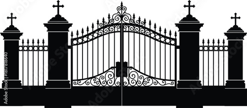 Ornate wrought iron gate silhouette, decorative scrollwork, pillars with crosses, cemetery entrance, religious architecture, vector illustration of historic landmark design