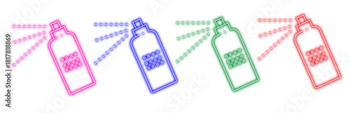 Multiple variants of colorful neon spray cans emitting a vibrant mist, depicted as stylish line art icons isolated on transparent background, perfect for creative design projects.