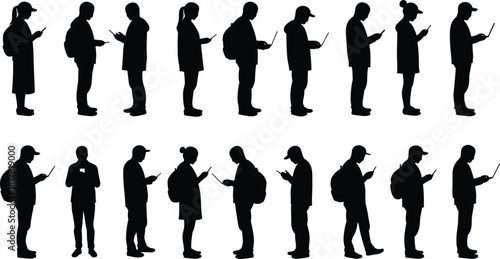 People using smartphones and laptops silhouette vector illustration, modern digital lifestyle icon, technology engagement graphic design element for stock content